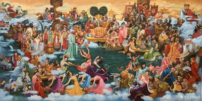 郭浩艺日记-郭浩艺国画彩墨人物画《蟠桃会》，作品尺寸240x122公分；
 这幅彩墨人物画【图1】