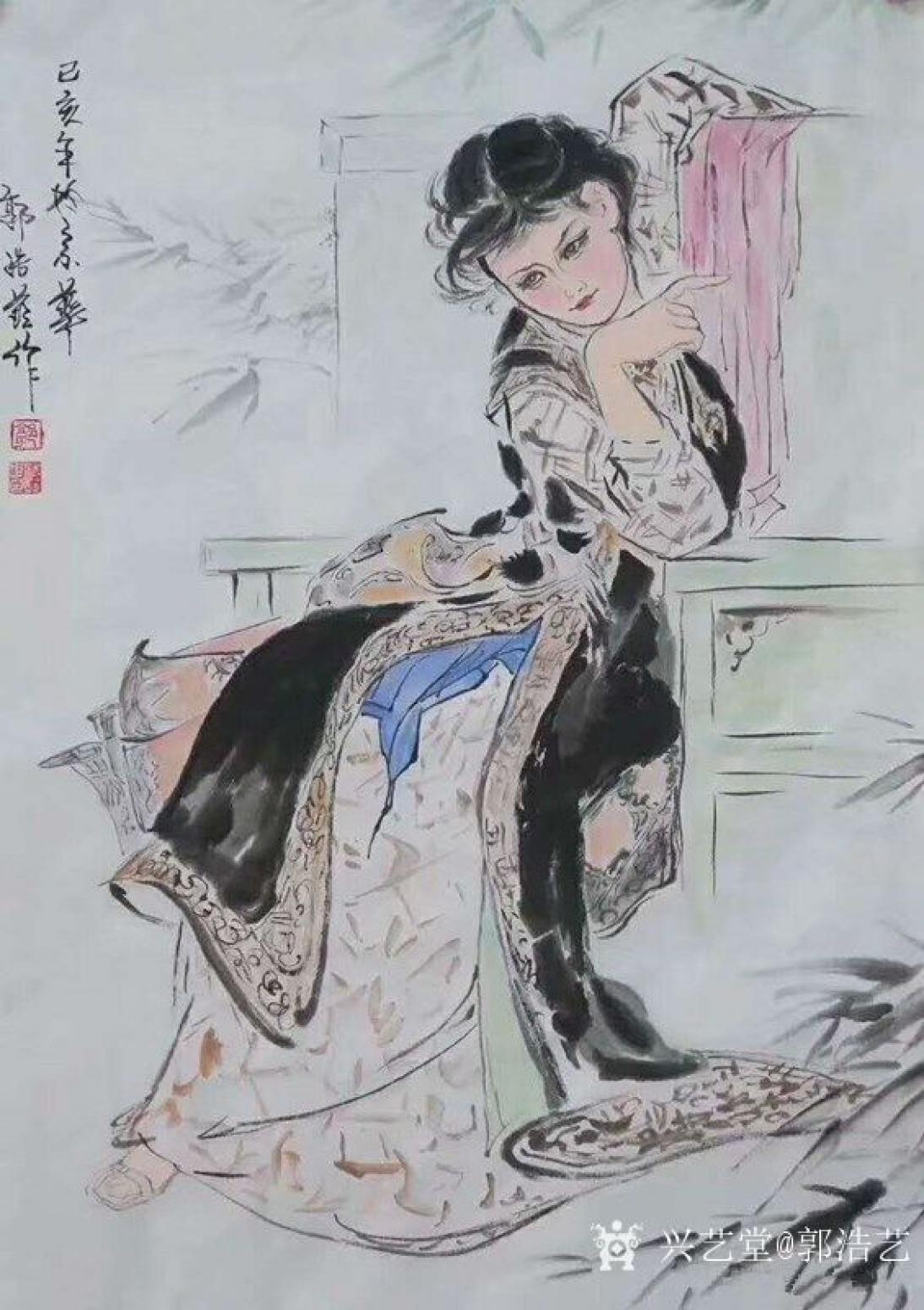 郭浩艺国画作品《仕女人物画-思春图》