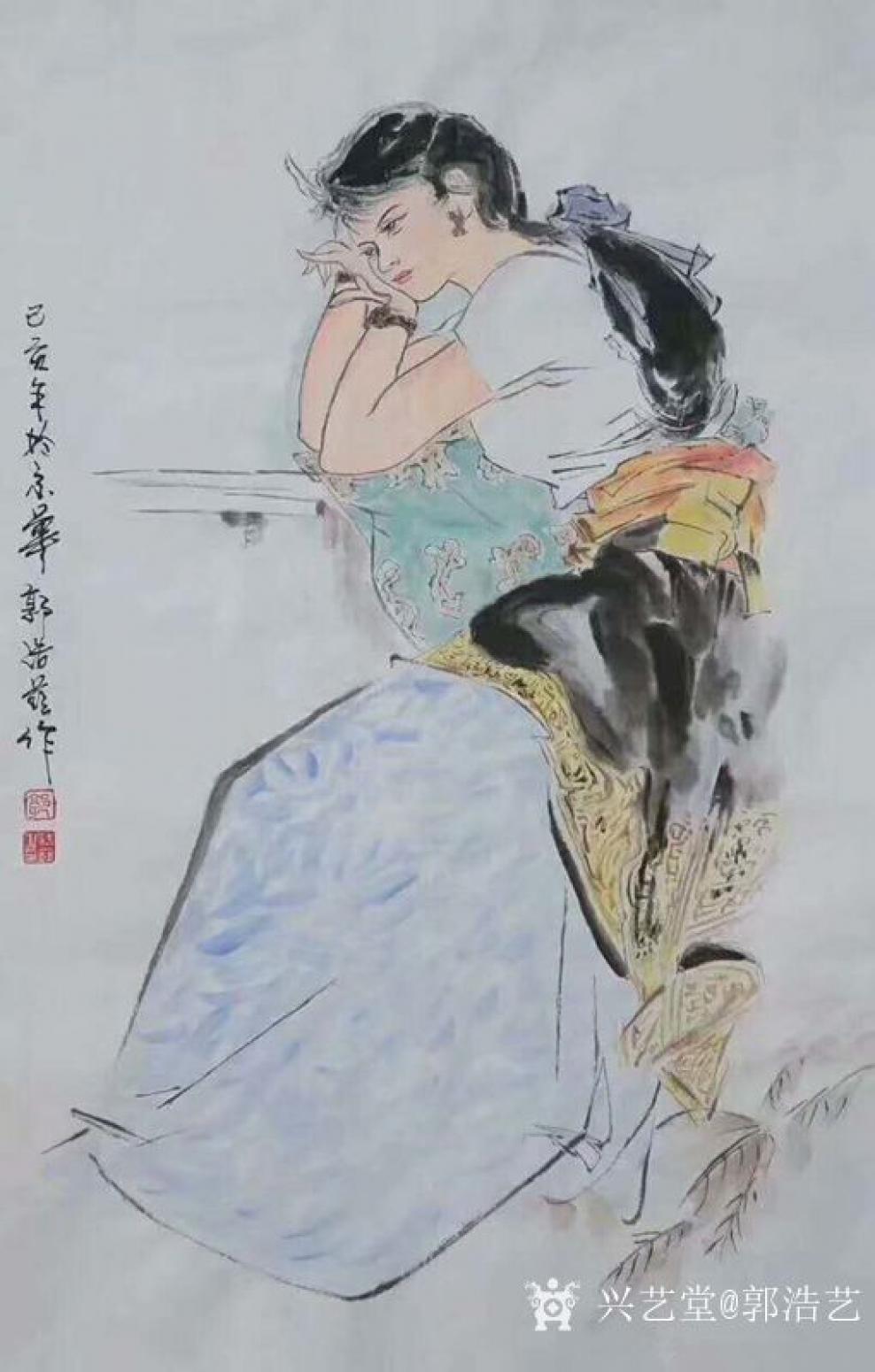 郭浩艺国画作品《仕女人物画-等你》
