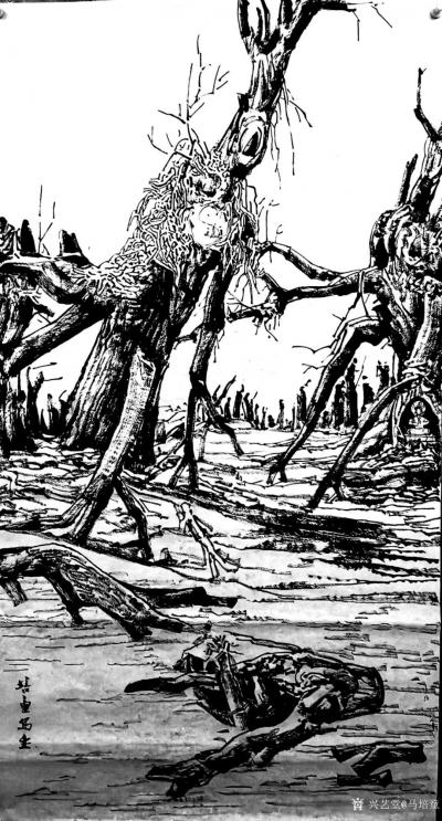 马培童日记-《点线在焦墨胡杨写生和创作中的重要作用》童心写历（11）
  线条是焦墨胡杨写【图1】