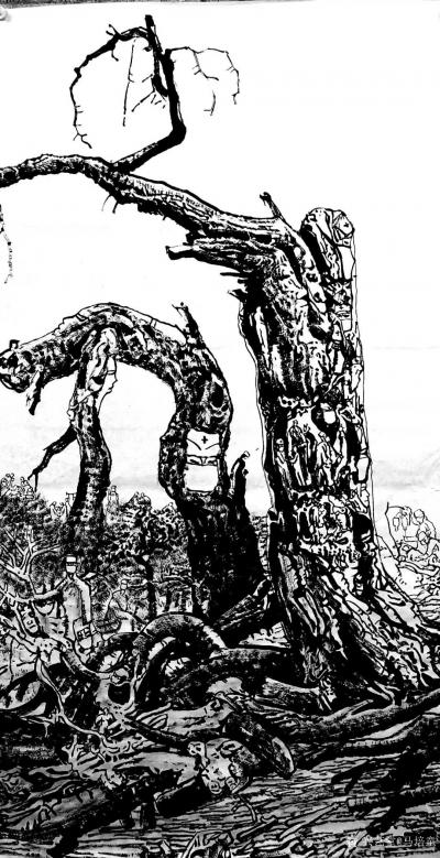 马培童日记-《焦墨画出心中的圣佛--胡杨》童心写历（12）
  焦墨渴笔傲骨桑， 黑白阴阳【图2】