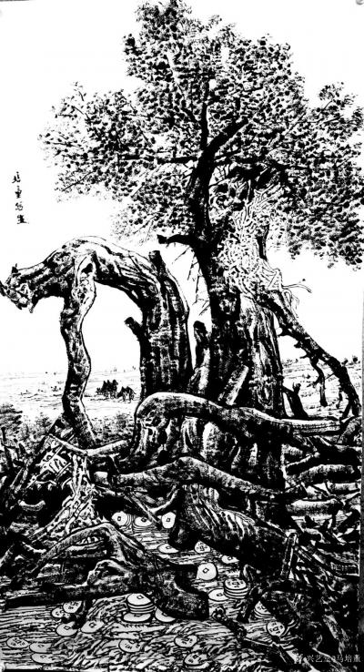 马培童日记-《焦墨画出心中的圣佛--胡杨》童心写历（12）
  焦墨渴笔傲骨桑， 黑白阴阳【图3】