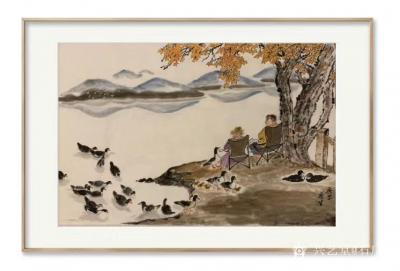 石广生日记-国画山水画《湖畔花鸭》，作品尺寸三尺竖幅，庚子年石广生表意画作品。
今天不想题【图1】