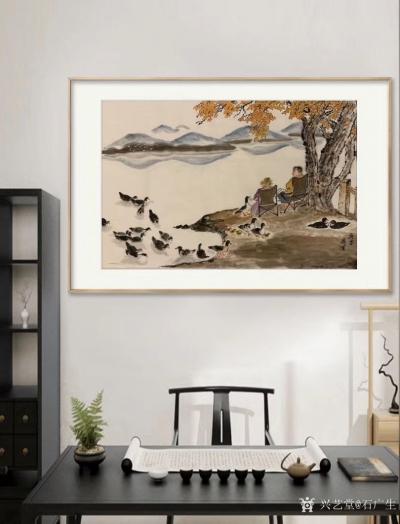 石广生日记-国画山水画《湖畔花鸭》，作品尺寸三尺竖幅，庚子年石广生表意画作品。
今天不想题【图2】