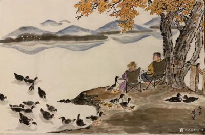 石广生日记-国画山水画《湖畔花鸭》，作品尺寸三尺竖幅，庚子年石广生表意画作品。
今天不想题【图3】