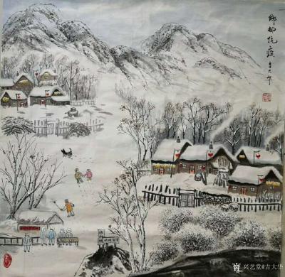 吉大华日记-水粉画《乡屯抗疫》，作品尺寸四尺斗方68X68CM;
描绘中国北部山区乡村抗疫【图1】