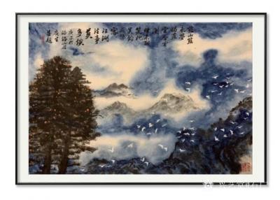 石广生日记-国画山水画《蓝山蓝水梦犹蓝》，
逃避做家务，假装在画画。得七绝一首以题之：
【图2】