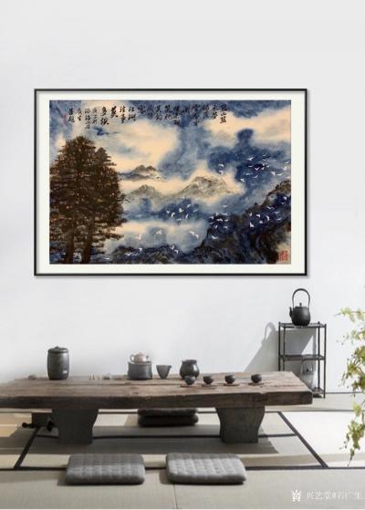 石广生日记-国画山水画《蓝山蓝水梦犹蓝》，
逃避做家务，假装在画画。得七绝一首以题之：
【图3】