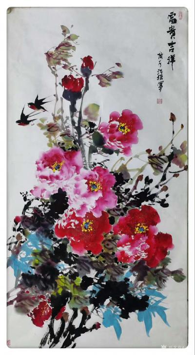 汪琼日记-国画花鸟画牡丹笔会作品《惠风和畅》《富贵吉祥》，作品尺寸四尺竖幅68X138CM【图3】