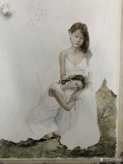 周海波日记-水彩画《姐妹》，一般的纸质，操作起来，着色方面就是不够好。【图1】
