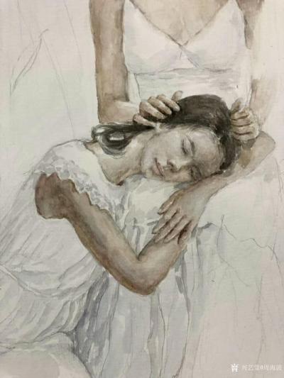 周海波日记-水彩画《姐妹》，一般的纸质，操作起来，着色方面就是不够好。【图2】