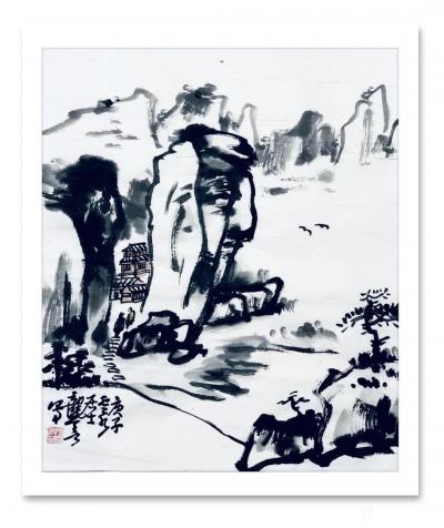 龚光万日记-国画水墨写意山水画《诗题竹窗外，茶煮石根泉》作品尺寸小八尺248X96CM；
【图2】