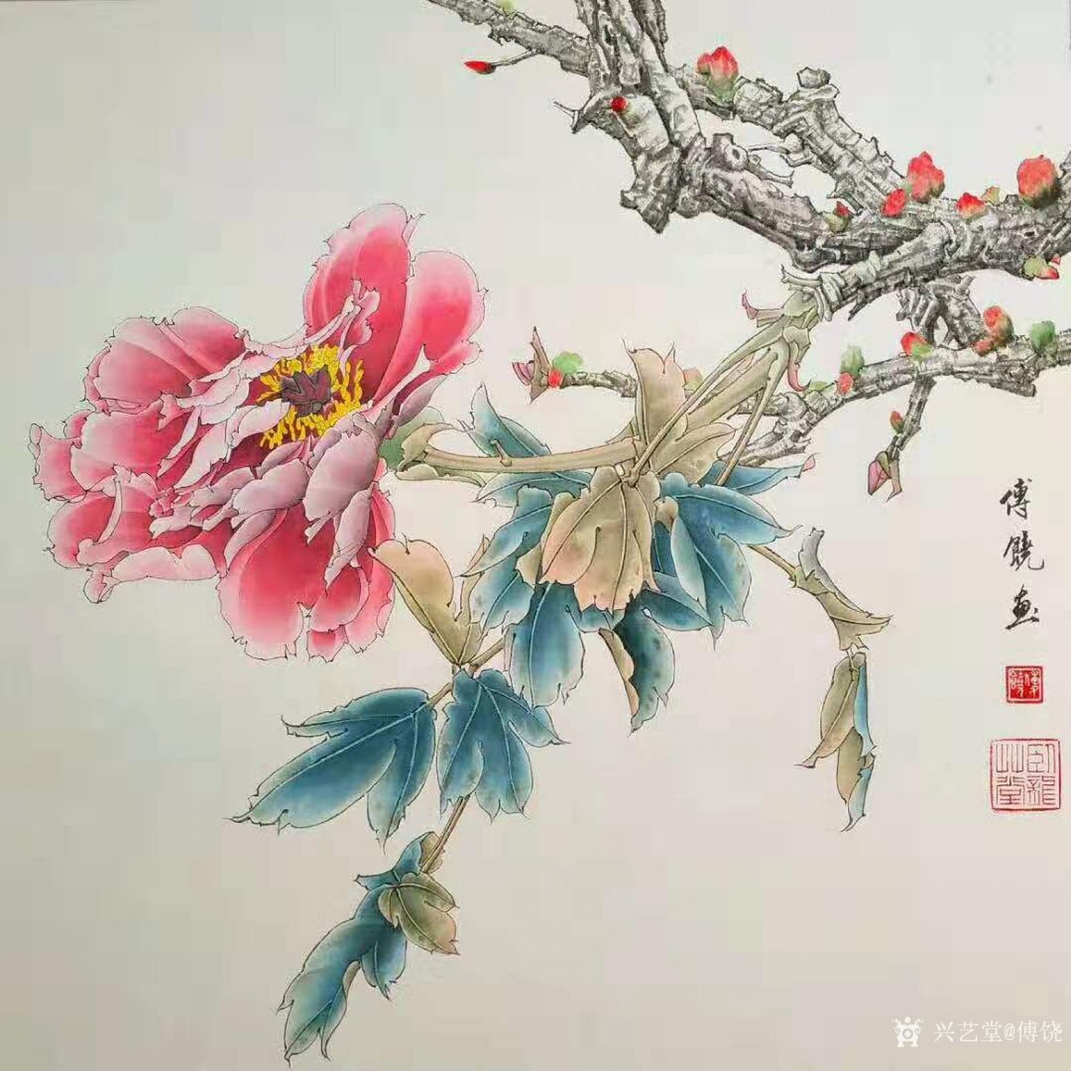 傅饶国画作品《工笔花鸟牡丹（二）》【图0】