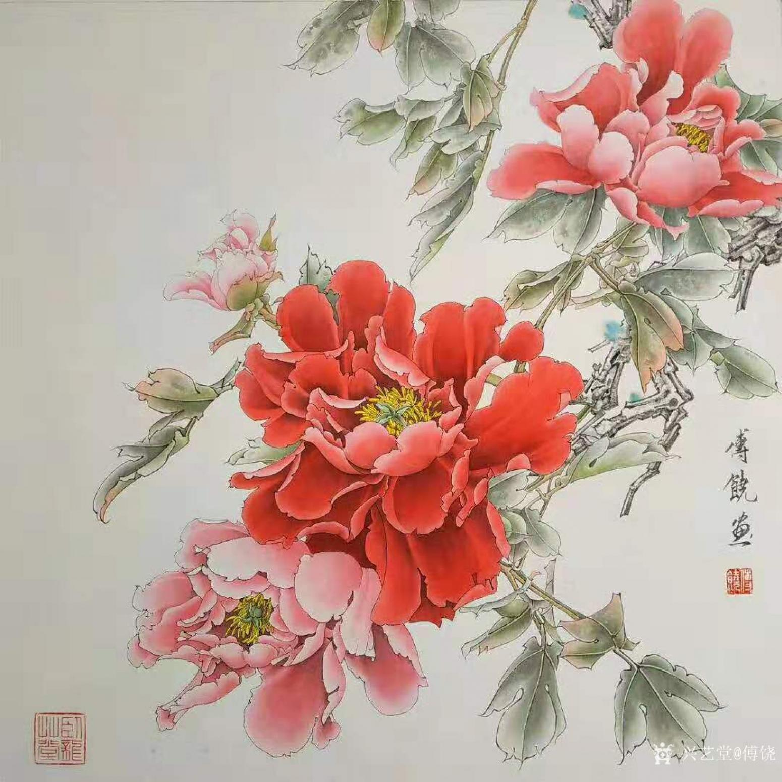 傅饶国画作品《工笔花鸟牡丹（四）》【图0】