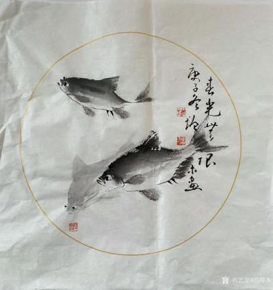 冯增木日记-宣纸绘图国画鱼系列作品《海深任尔行》《鱼乐天地》《悠然自得》，庚子年冬月冯增木画【图3】