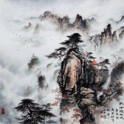 罗树辉日记-国画山水画《飘渺隐仙迹》作品尺寸四尺斗方，庚子秋石总广生撰句，树辉画并题。
此【图1】