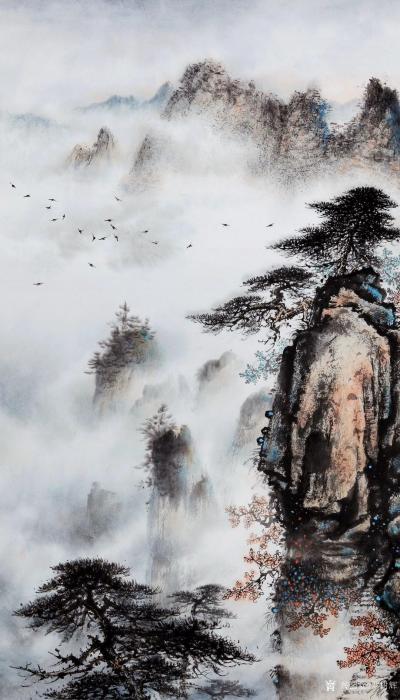 罗树辉日记-国画山水画《飘渺隐仙迹》作品尺寸四尺斗方，庚子秋石总广生撰句，树辉画并题。
此【图3】