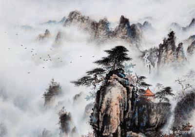 罗树辉日记-国画山水画《飘渺隐仙迹》作品尺寸四尺斗方，庚子秋石总广生撰句，树辉画并题。
此【图4】