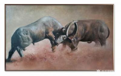 杨洪顺日记-油画作品《牛气冲天》，斗牛，象征着一种力量，智慧，拼搏精神，牛王争霸，牛气冲天；【图1】