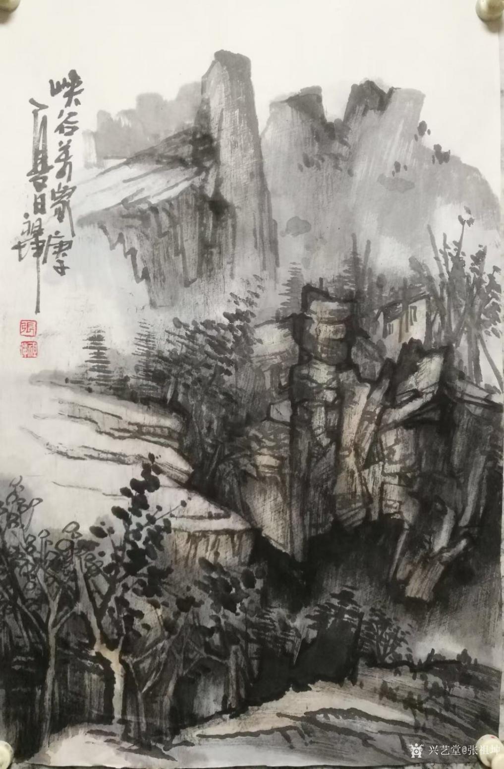 张祖坤国画作品《山水-峡谷羌家》【图0】