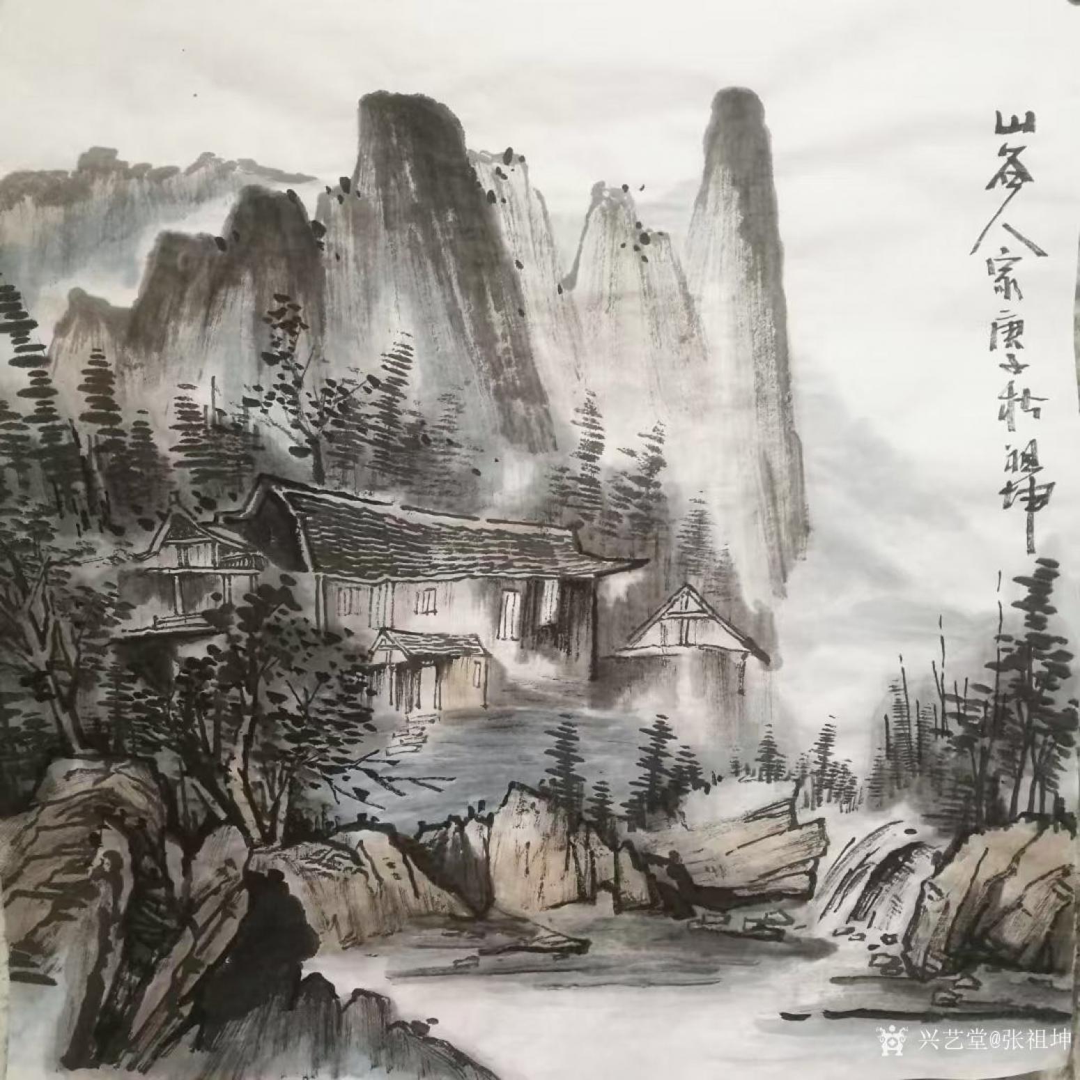 张祖坤国画作品《山水-山谷人家》【图0】