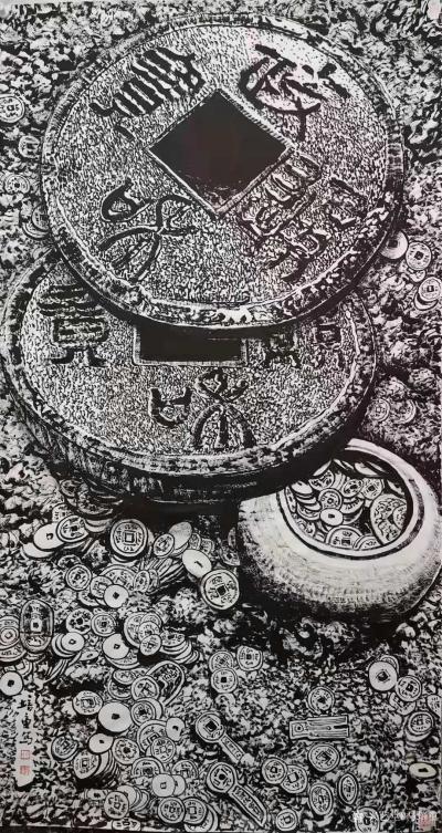 马培童日记-焦墨画技法：焦墨堆金枯方润，渴笔漏痕墨骨干。
 焦墨笔法
 笔法在太极鱼图形【图2】