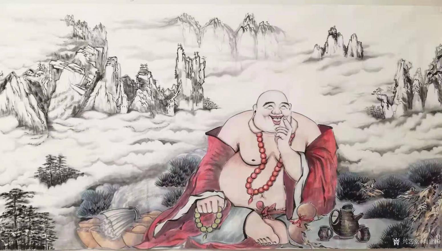 尚建国国画作品《人物画弥勒佛笑口常开》