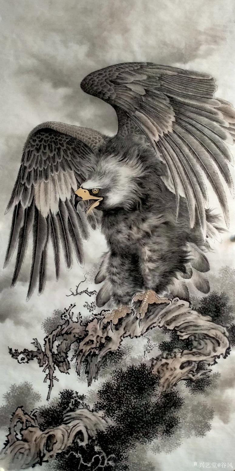 谷风国画作品《雄鹰展翅》【图0】