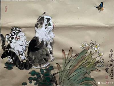 柳士才日记-国画动物画猫咪系列作品《野趣图》《耄耋图》我常常画只猫咪在鲜花丛中望着画外！其寓【图5】