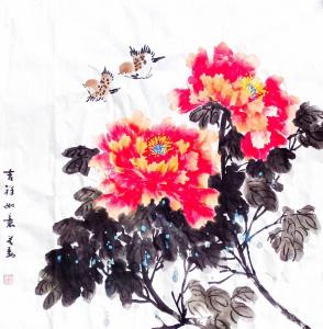 艺术品图片：艺术家李万勤国画作品名称《花鸟牡丹-吉祥如意》价格150.00 元