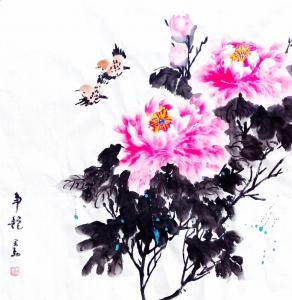 艺术品图片：艺术家李万勤国画作品名称《花鸟牡丹-争艳》价格150.00 元