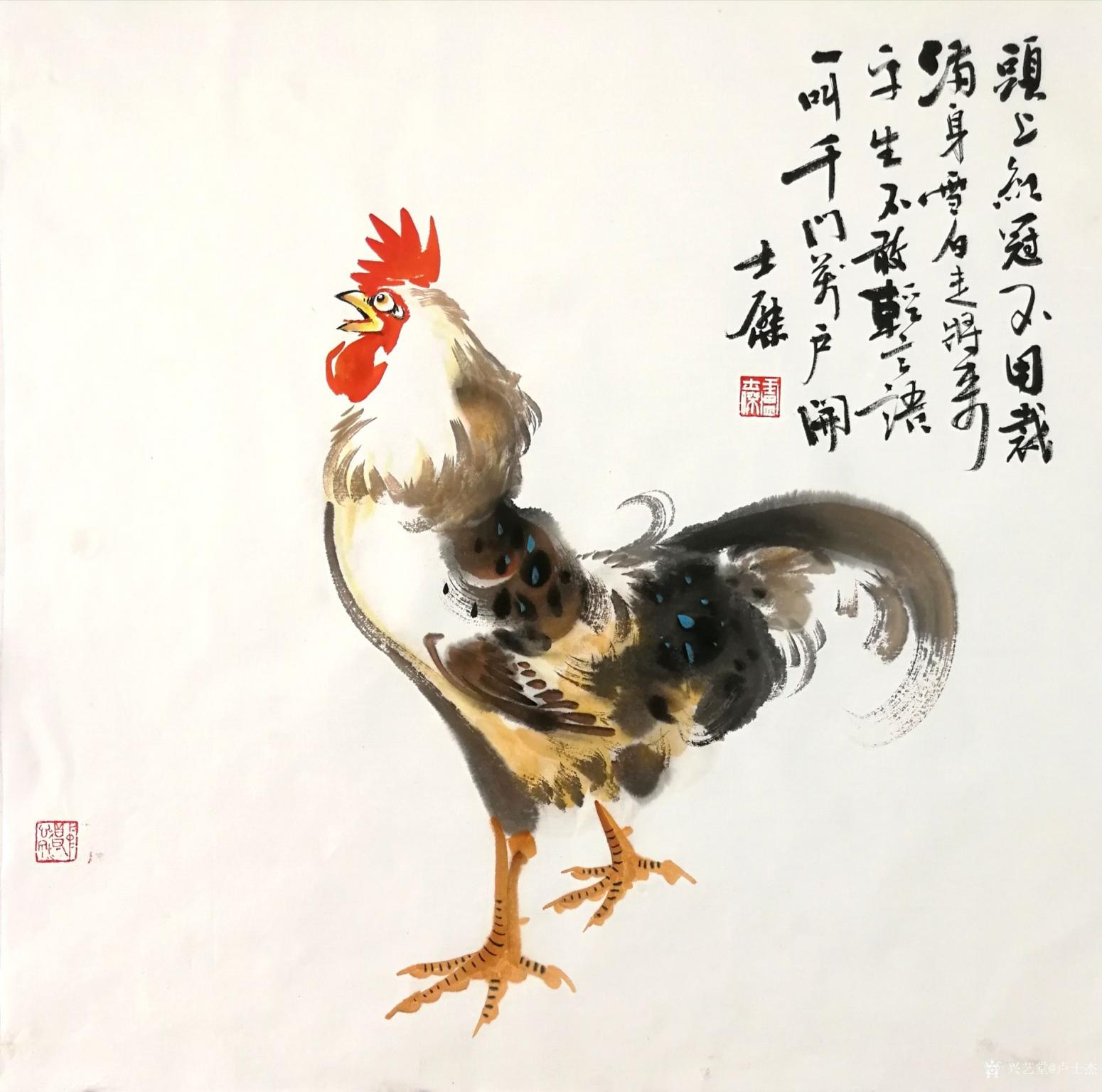 卢士杰国画作品《鸡-头上红冠不用裁》