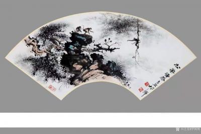 罗树辉日记-国画山水松树、流云、飞瀑、戏猴，罗树辉辛丑年春月新作，扇面6幅，请欣赏.【图1】