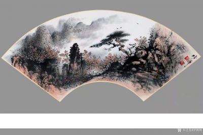 罗树辉日记-国画山水松树、流云、飞瀑、戏猴，罗树辉辛丑年春月新作，扇面6幅，请欣赏.【图5】