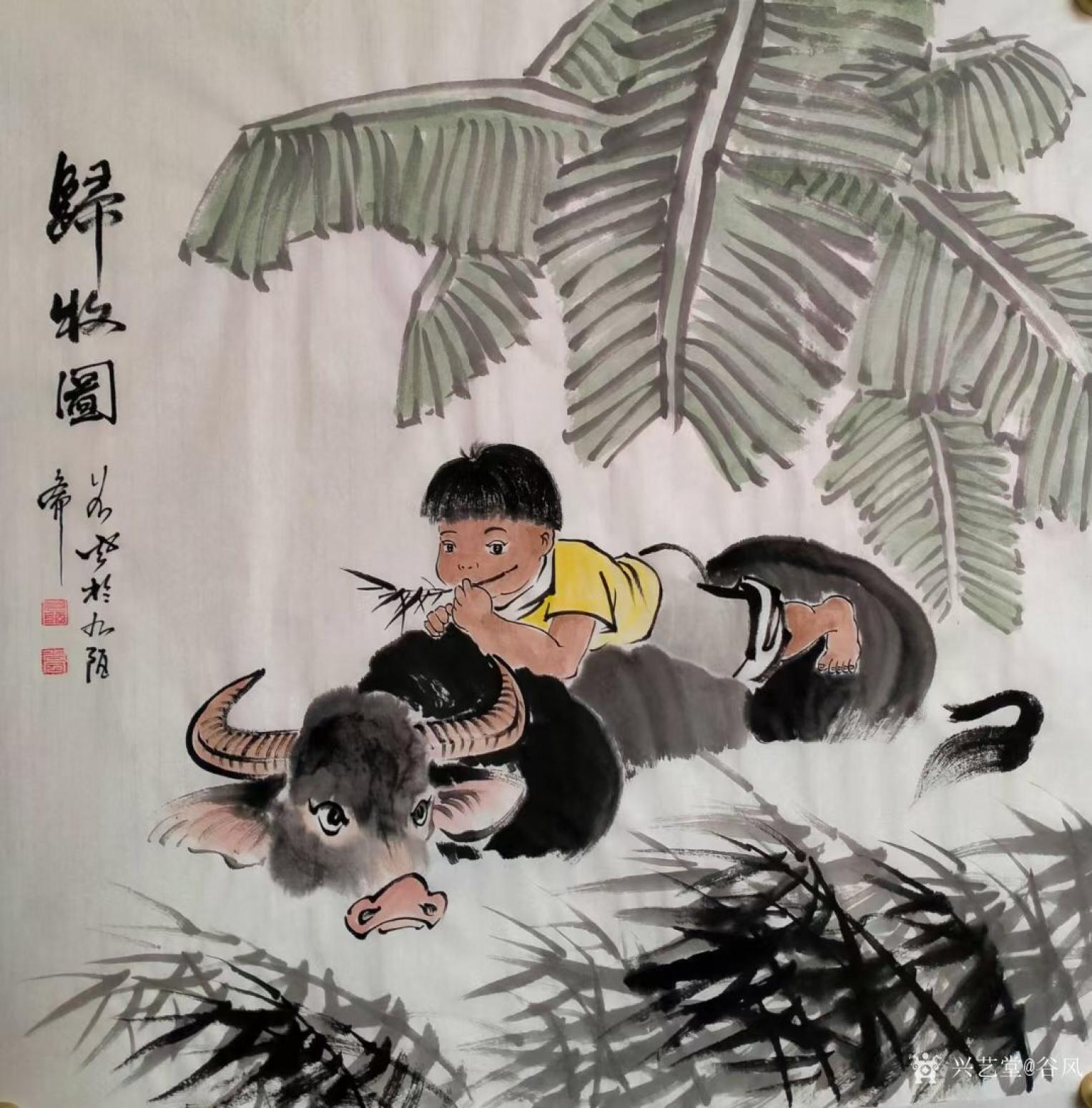 谷风国画作品《人物-归牧图》