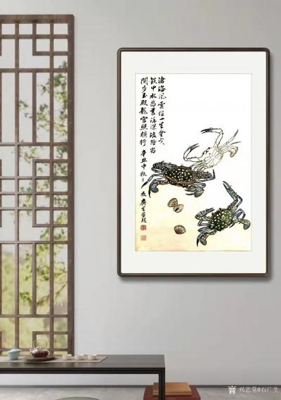 石广生日记-国画螃蟹《金戈铁甲》，辛丑年仲秋石广生创作，附装裱效果图。
中秋那天买了三只花【图3】