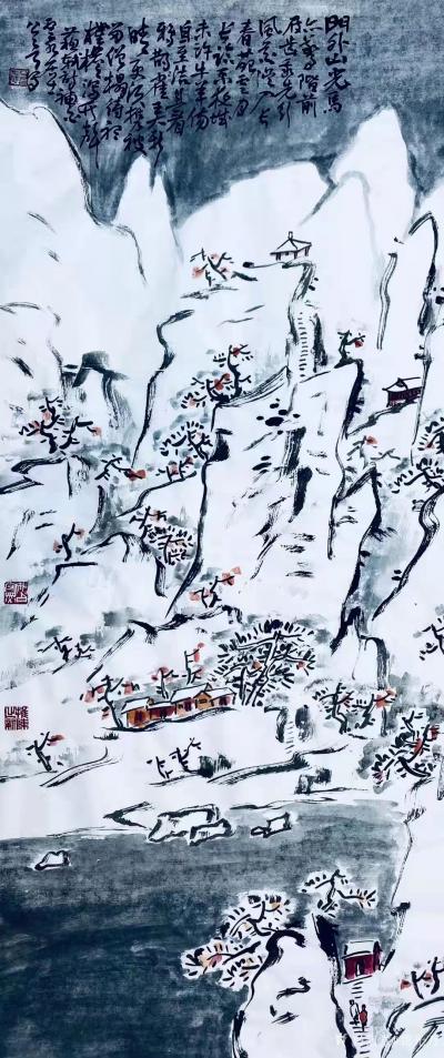 龚光万日记-已然立冬，千山飘雪，山水画新作《雪满千山失翠微》作品尺寸136X68cm；
作【图1】