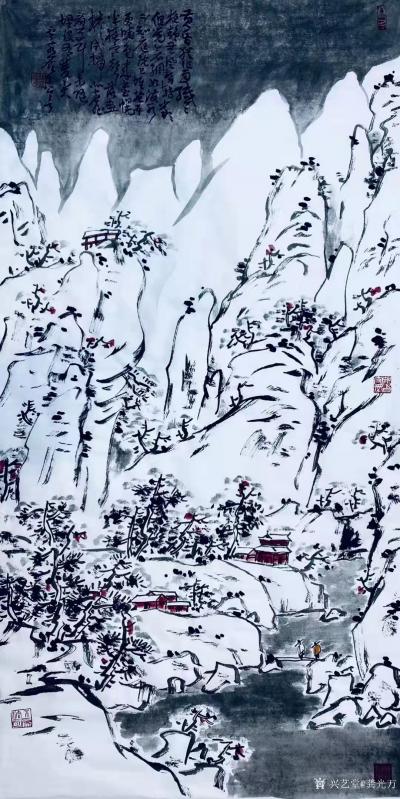 龚光万日记-已然立冬，千山飘雪，山水画新作《雪满千山失翠微》作品尺寸136X68cm；
作【图2】