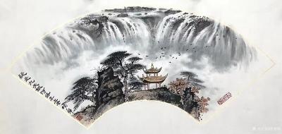 罗树辉日记-国画山水画《疑是九天银河落》，作品尺寸扇面33X68cm，辛丑年孟冬罗树辉创作於【图1】