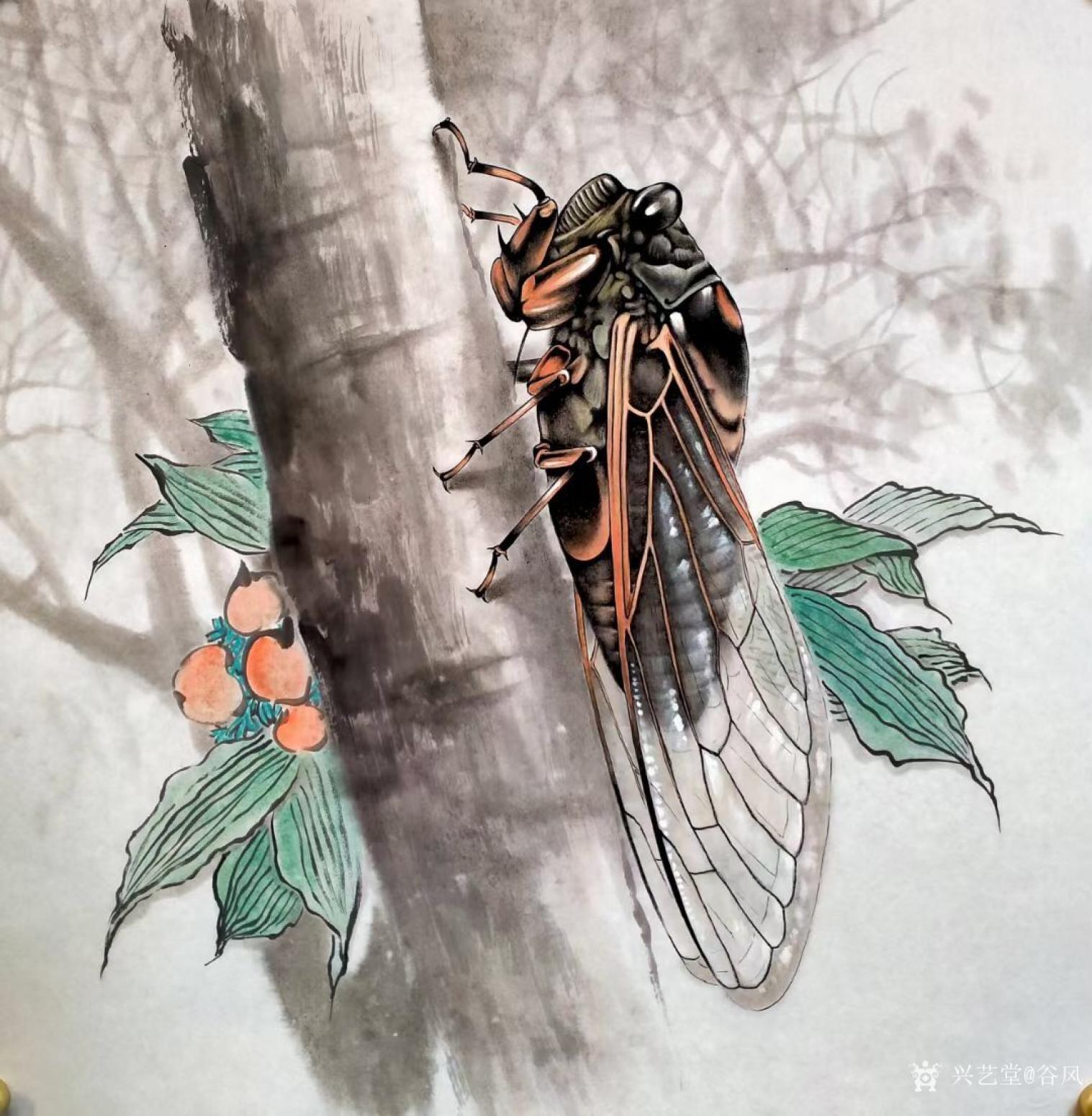 谷风国画作品《花鸟知了-居高声自远》【图0】