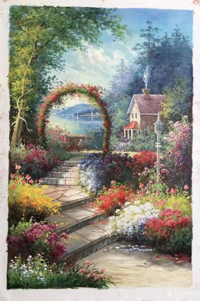 黎群日记-托马斯花园景油画欣赏（临摹），第一幅尺寸80X120㎝。后两幅60X120cm，【图1】