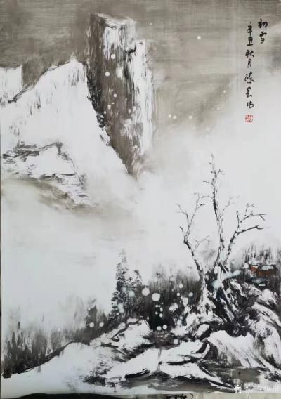陈刚日记-国画水粉山水画《初雪》；
冬季笔墨色无功，
生宣横扫多从容；
驱车又行几百【图2】