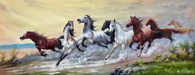 黎群日记-《八马雄风》欣赏，70X180㎝，新作，布面油画。马儿正向我们奔来，奔起了力量，【图1】