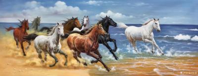 黎群日记-《八马雄风》欣赏，70X180㎝，新作，布面油画。马儿正向我们奔来，奔起了力量，【图4】