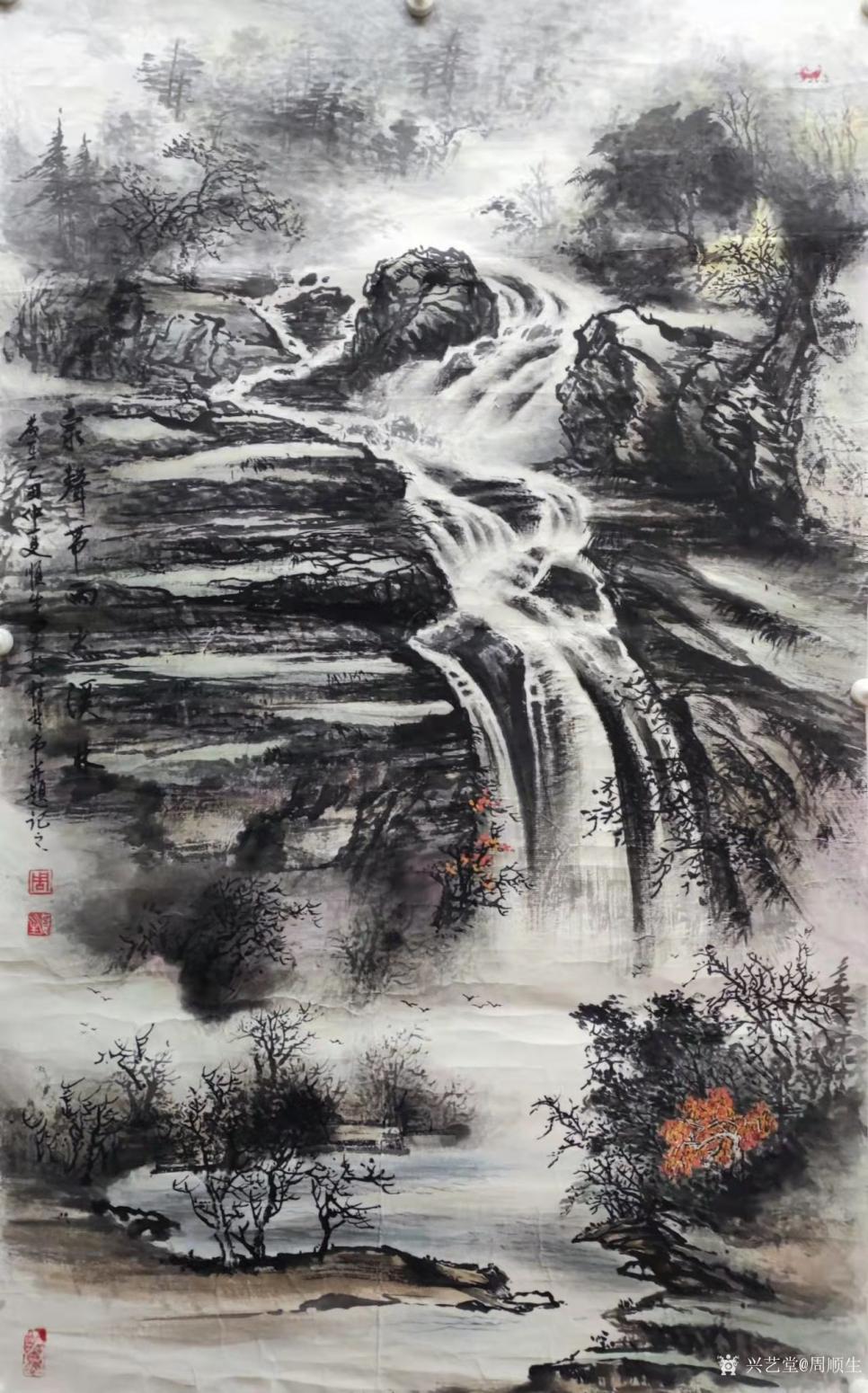 周顺生国画作品《三尺天台山飞瀑图》