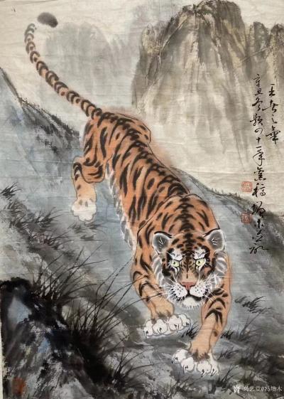 冯增木日记-虎虎生威！四十多年前所临胡爽奄先生的虎稿五幅，前三幅系今年补景並题识。第四幅有当【图1】