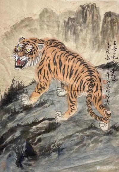 冯增木日记-虎虎生威！四十多年前所临胡爽奄先生的虎稿五幅，前三幅系今年补景並题识。第四幅有当【图2】