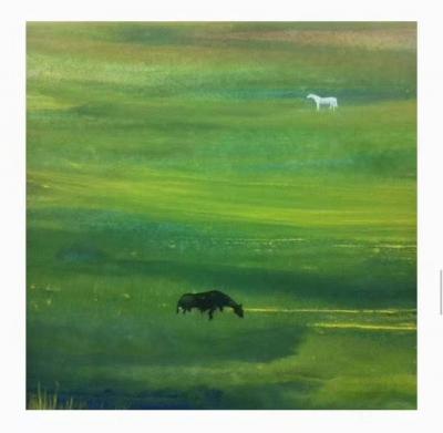 王征明日记-水意画两幅创作感悟分享:
  第一幅水意画《草原》，黑绿搭配造成压抑和恐怖，白【图1】