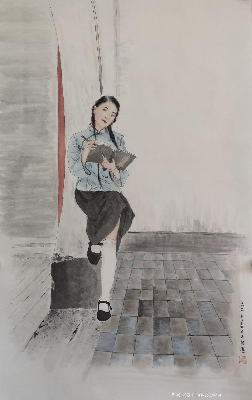 18087309796国画作品《朗读》