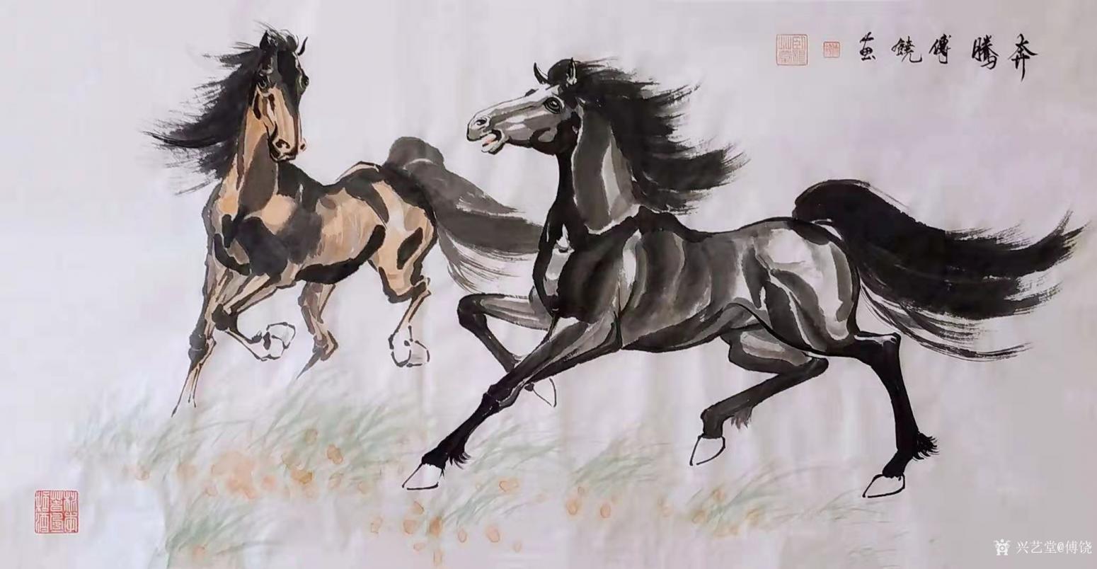 傅饶国画作品《马-奔腾》